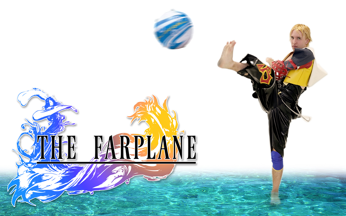 Jesse dressed as Tidus from Final Fantasy 10 kicking a Bltiz Ball with text that reads 'The Farplane'